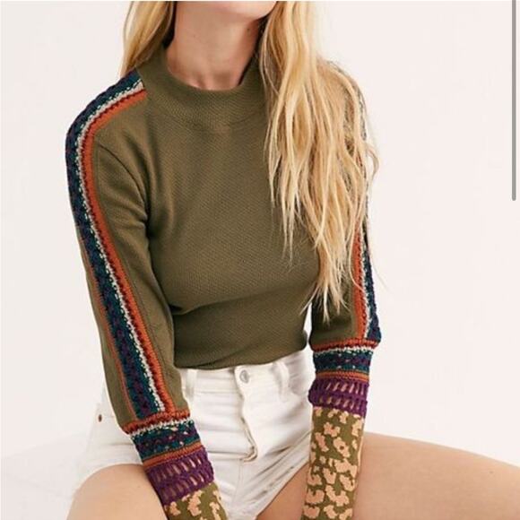Free People Switch It Up Thermal long sleeve top olive green crochet sleeve boho - Picture 3 of 11